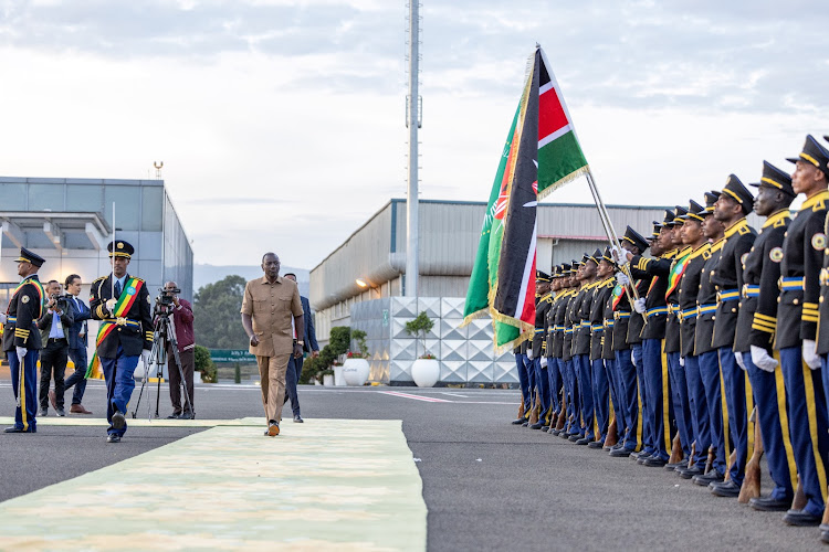 President William Ruto arrives in Ethiopia to attend the 37th African Union Summit of Heads of State and Government on February 16, 2024.