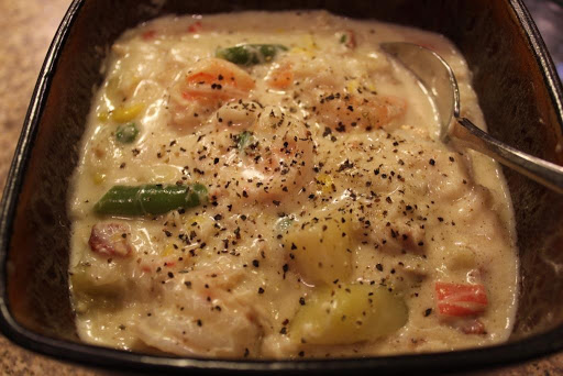 Delicious, rich, cream based chowder. Very versatile - use whatever seafood you like! 