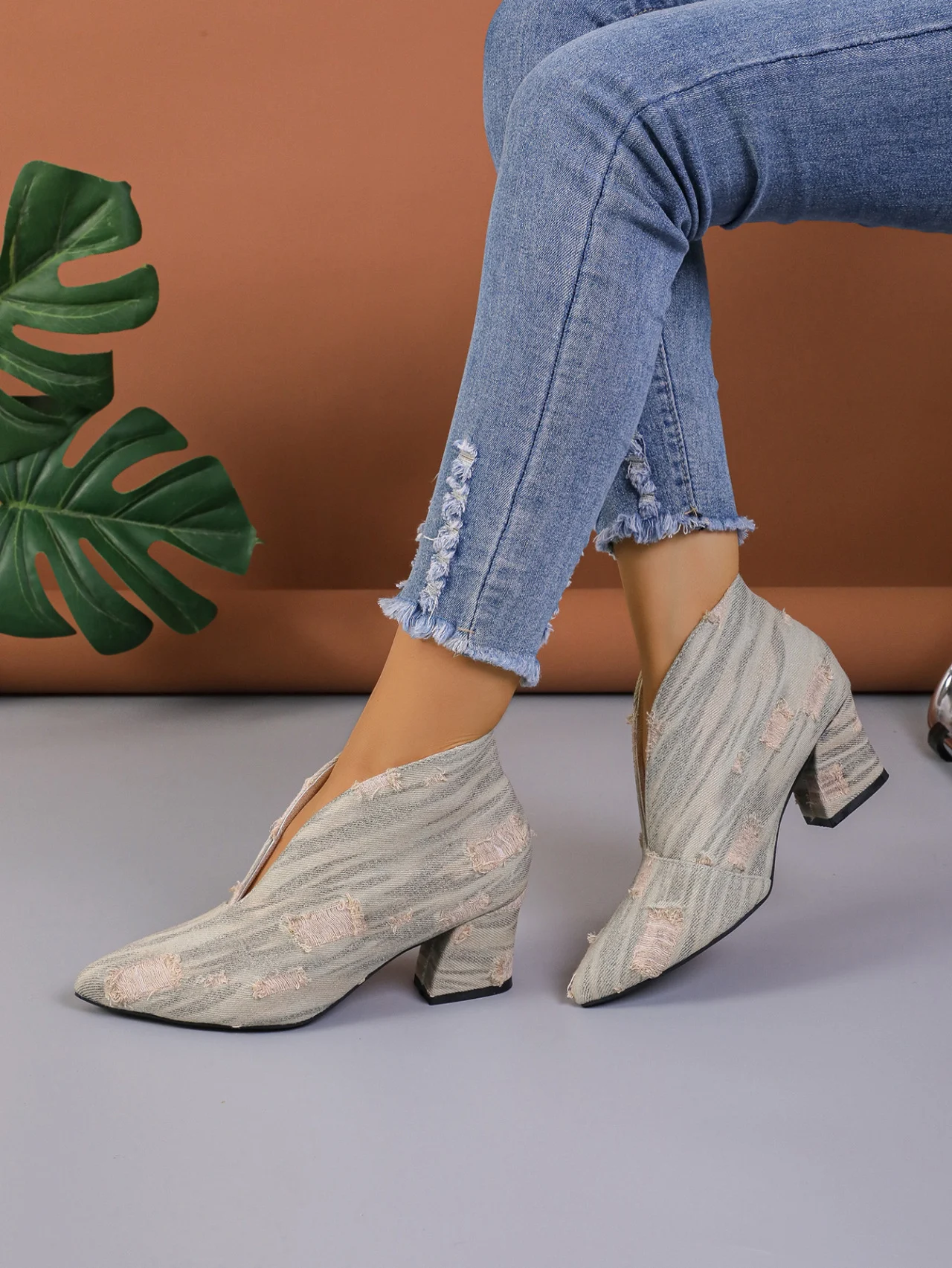 Title 7, Bottines en jean avec découpe en V pour femmes,...
