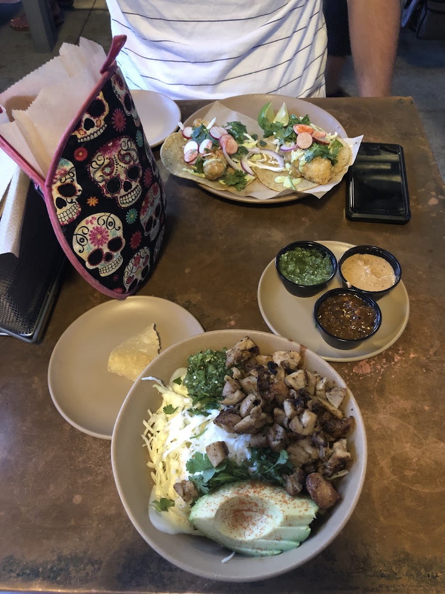 Chips and salsas (surprisingly so good) and the burrito in a bowl