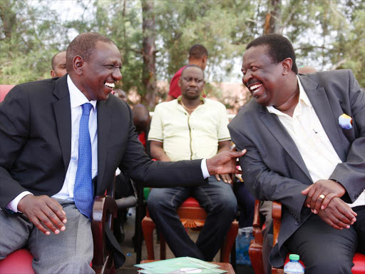 DP William Ruto and ANC leader Musalia Mudavadi during the homecoming of Lurambi MP Bishop Titus Khamala at Mwangaza Secondary School, Kakamega county, on August 18, 2018.