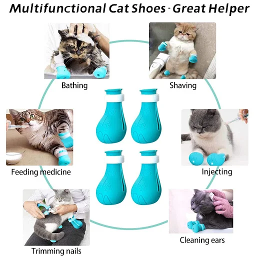 Silicone Cat Shoes for Kitten Grooming Bath Anti-Scratch Shoes Adjustable Cat Boots Cut Nails Washing Cats Claw Protecto