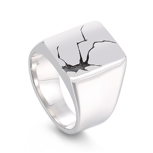 Title 3, Mens Minimalism Ring Black Crack Round Face Pe...