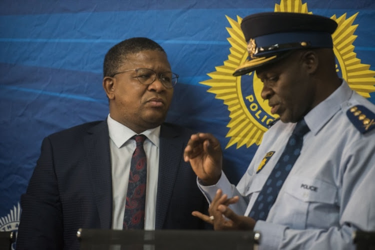 National Police Commisioner General Sithole and Police Minister Fikile Mbalula at a media briefing outlining the way forward for the Hawks on January 17, 2018 in Pretoria, South Africa. During the briefing, Mbalula also announced the axing of suspended Crime Intelligence Head Richard Mdluli.