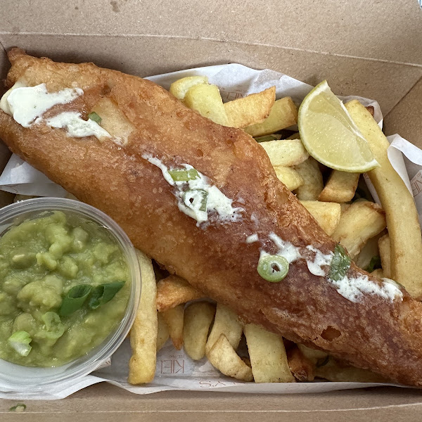 Tempura haddock with fries and mushy peas