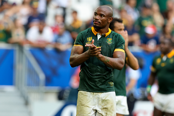 Springboks winger Makazole Mapimpi thanking supporters during the 2023 Rugby World Cup against Romania at Stade de Bordeaux on September 17, 2023 in Bordeaux, France.