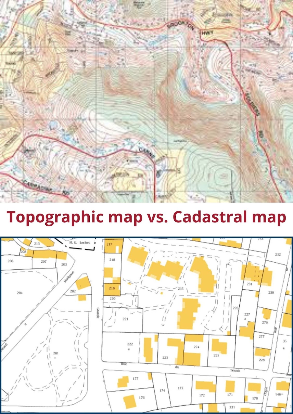 topographic maps vs cadastral maps, what is the difference. see here.