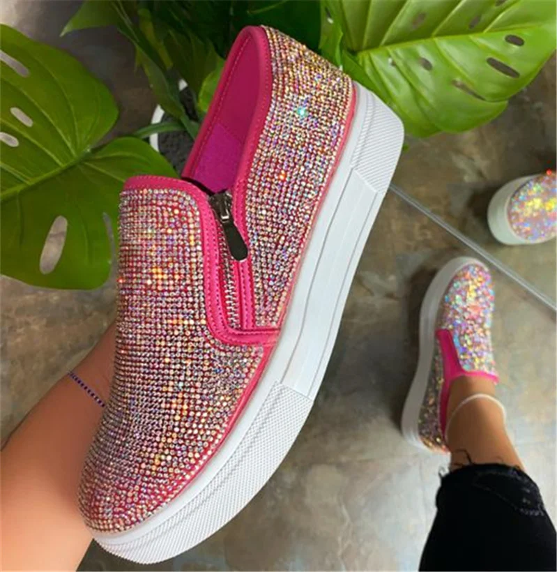 Loafers dames met strass, casual schoenen met ronde neus en zijrits, comfortabel en perfect voor dagelijks gebruik.