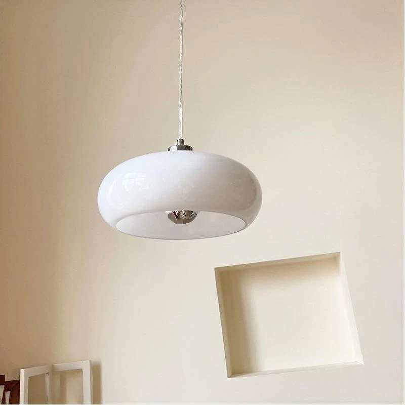 Middle Aged Milk White Bauhaus Glass Three Headed Egg Tart Pendant Light, elegant and modern lighting for your home, cre