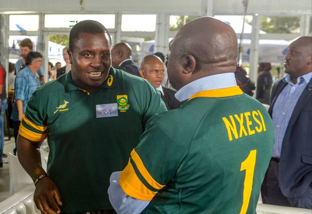 Sports Minister Thulas Nxesi with Springboks player Trevor Nyakane during the Launch of SuperSport Rugby Challenge at Bill Jardine Stadium on April 10, 2017 in Johannesburg, South Africa.