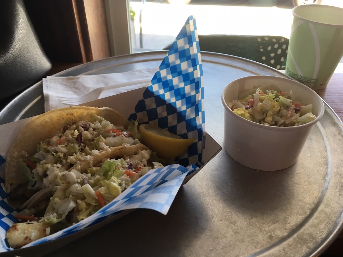 grilled fish tacos, side coleslaw and water