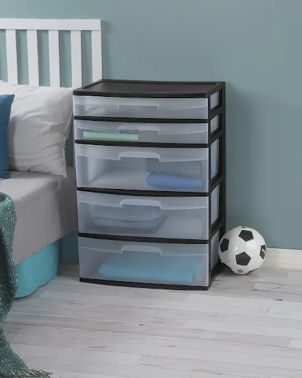 Plastic 5 Drawer Wide Tower Black - 1