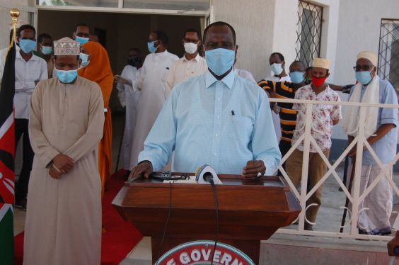 Wajir Governor Mohamed Abdi during a press briefing outside his office on Saturday, May 16, 2020