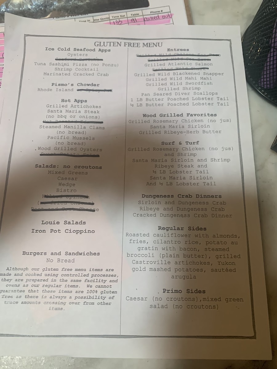 Pismo's Coastal Grill gluten-free menu