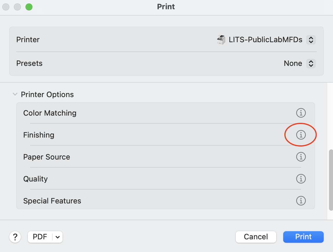 Finishing selected in the printer options