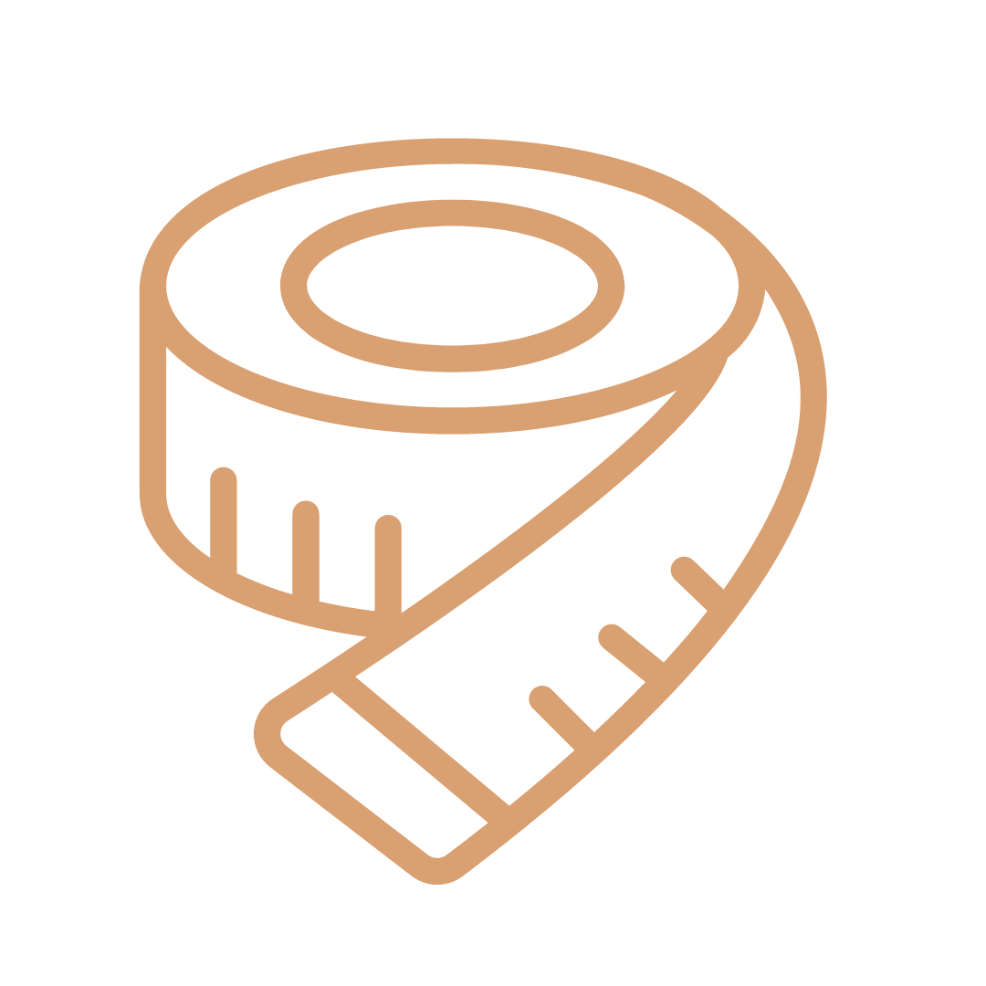 Beige line drawing of a rolled up tape measure