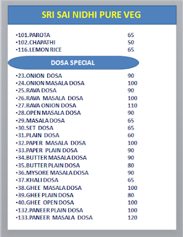 Sri Sai Nidhi menu 