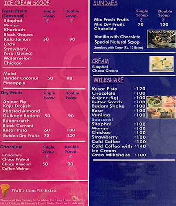 Natural Ice Cream menu 