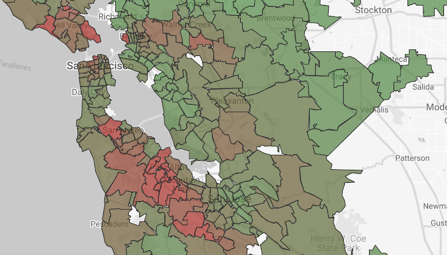 Mappa coropletica che mostra i codici postali statunitensi nella San Francisco Bay Area.