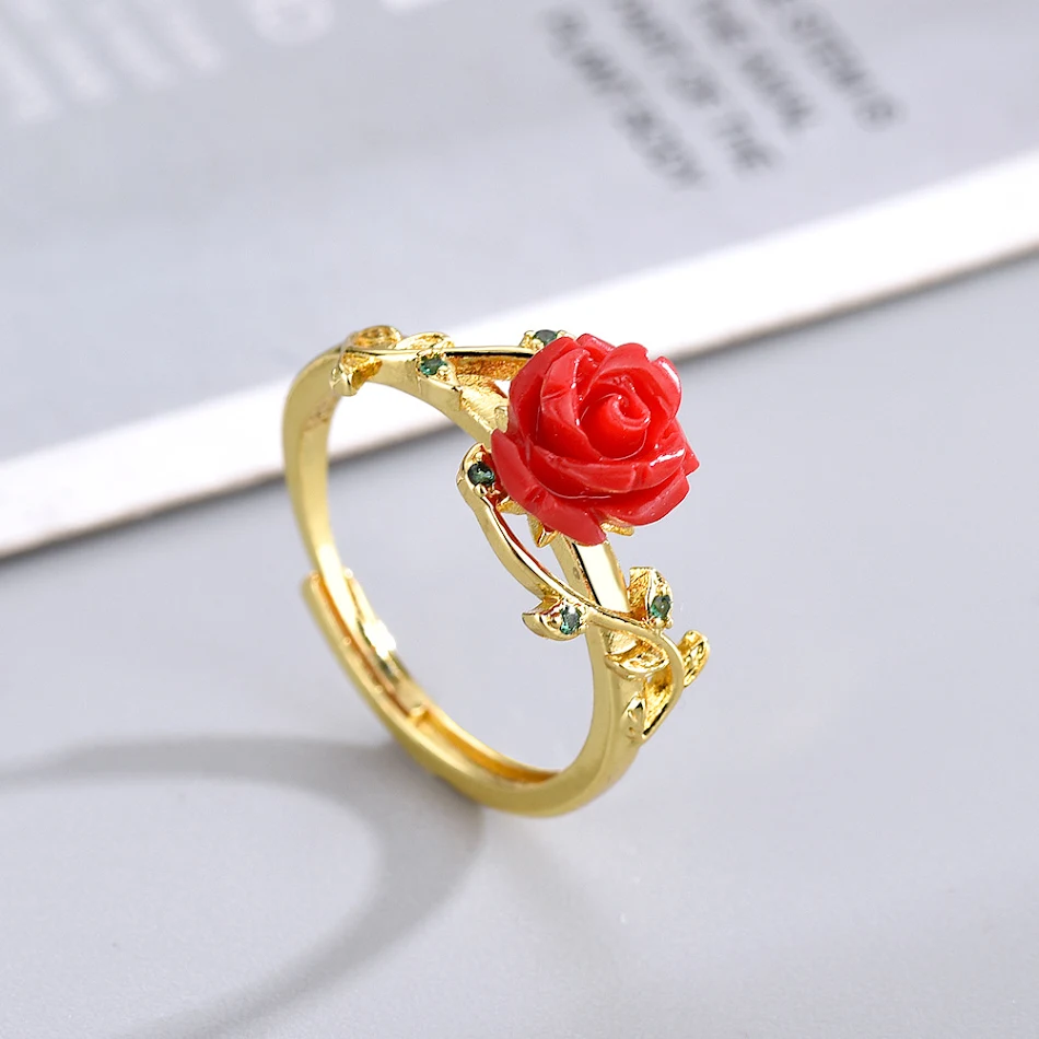 Anillo Abierto Rojo Rosa Femenino Ajustable Estilo Étnico Retro Elegante Joyería Perfecta para un Look Sofisticado y con Clase