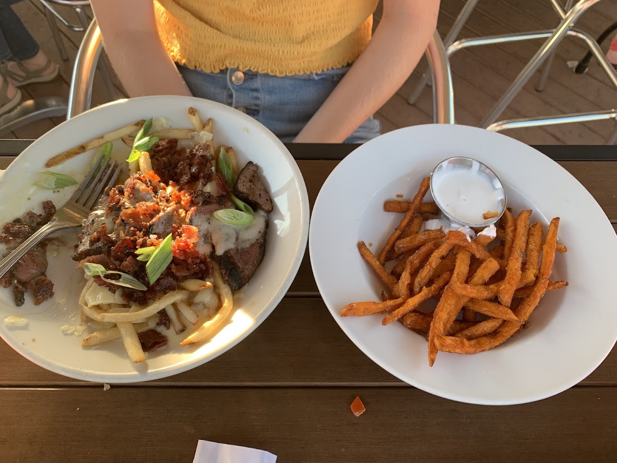 Steak frites with cinnamon sweet potato fries and marshmallow dip