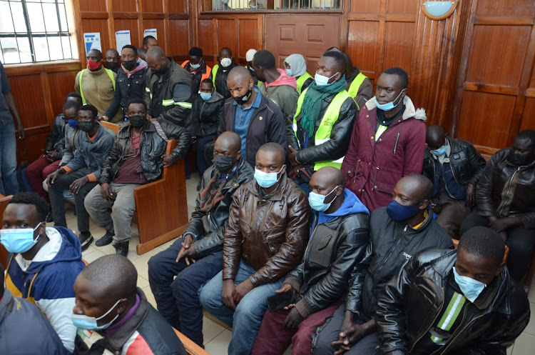 More than 100 boda boda riders arraigned at Milimani law court on March 8 2022 /DOUGLAS OKIDDY