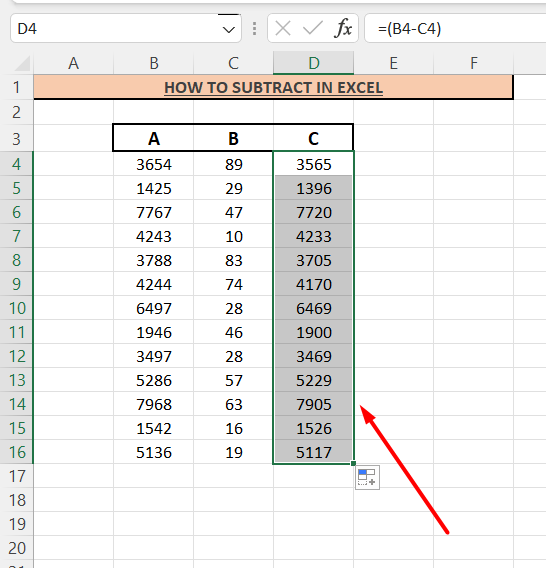 how to subtract in Excel- The same formula applies to the entire list