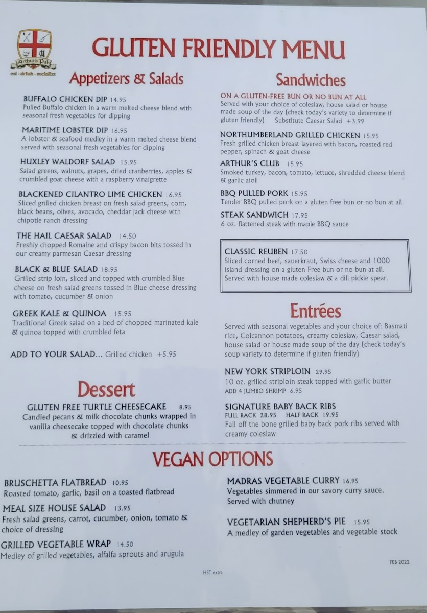 Arthur's Pub gluten-free menu