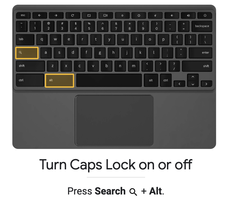 Turn caps lock on or off with the search and alt buttons.