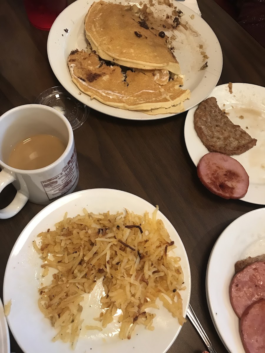 Chocolate chip gf pancake, hash browns, Canadian bacon