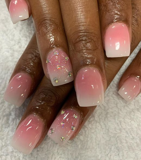 Short Square Sparkles pink ombre nails