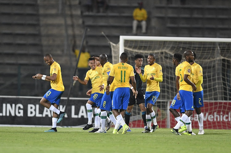 Mamelodi Sundowns players celebrates Gaston Sirino's goal during the Absa Premiership match between Mamelodi Sundowns and Maritzburg United at Lucas Moripe Stadium on September 21, 2019 in Pretoria, South Africa.