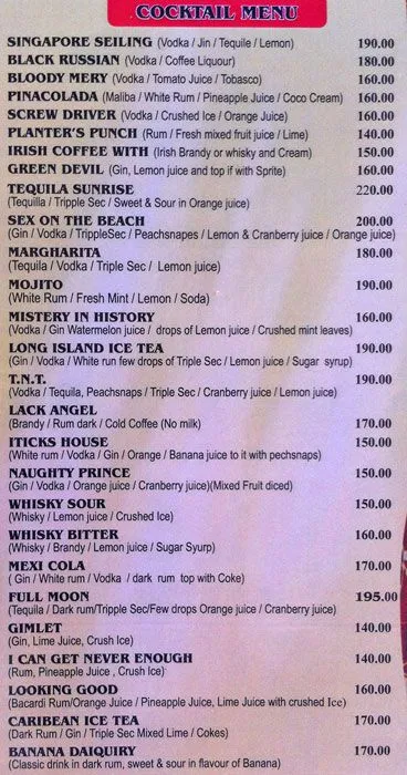 Agonda Sunset menu 