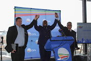 DA leader John Steenhuisen, left, Gauteng leader Solly Msimanga and DA federal chair Ivan Meyer at the party's announcement of its Gauteng premier candidate.