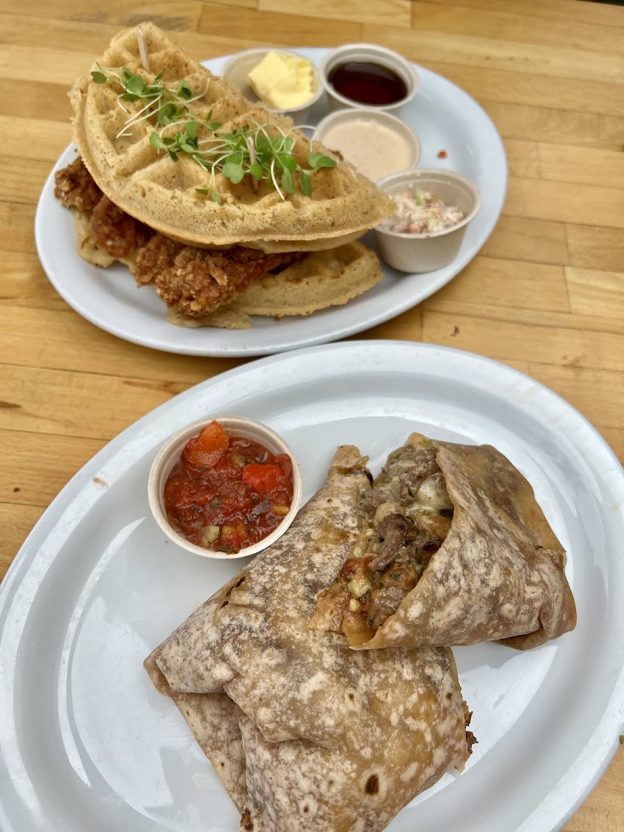 Chicken and waffles, California burrito