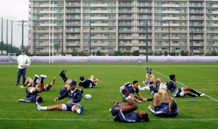 South Africa head coach Rassie Erasmus with the players during training at Arcs Urayasu Park, Urayasu, in Chiba, Japan on October 29, 2019