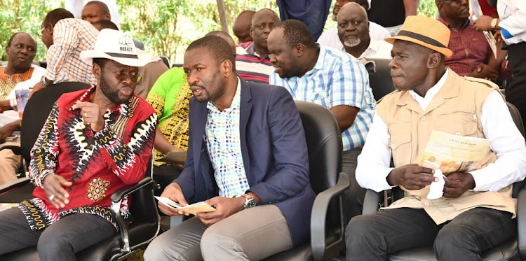 Kisumu Governor Anyang Nyong'o, ODM secretary General Edwin Sifuna and Nyakach MP Aduma Owuorin Nyando in Kisumu County during the burial of the area MP Jared Okello’s brother.