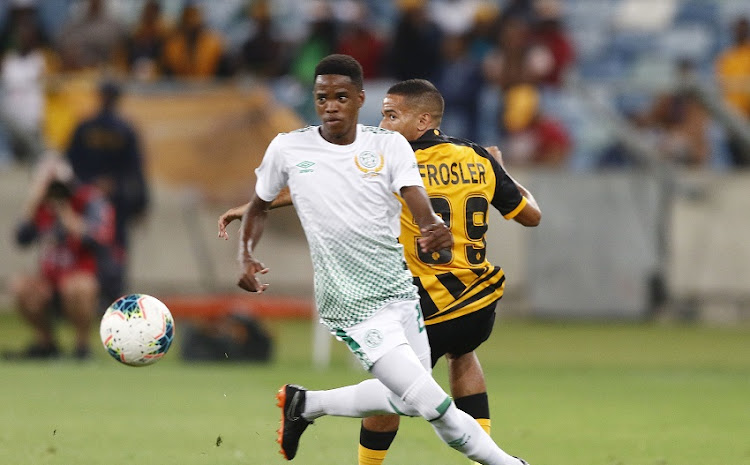 Reeve Frosler of Kaizer Chiefs and Sifiso Ngobeni of Bloemfontein Celtic during the Absa Premiership match between Kazier Chiefs and Bloemfontein Celtic at Moses Mabhida Stadium on December 07, 2019 in Durban, South Africa.