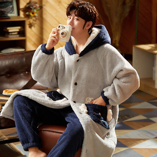 Title 7, Mens Fleece Thickened Long Coral Fleece Pajama...