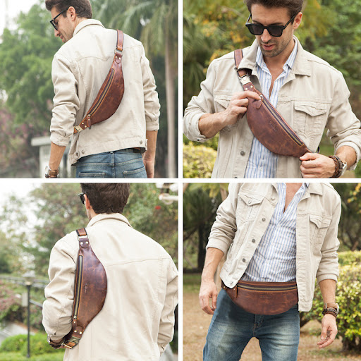 Title 5, Retro Crazy Horse Leather Mens Waist Bag Genui...