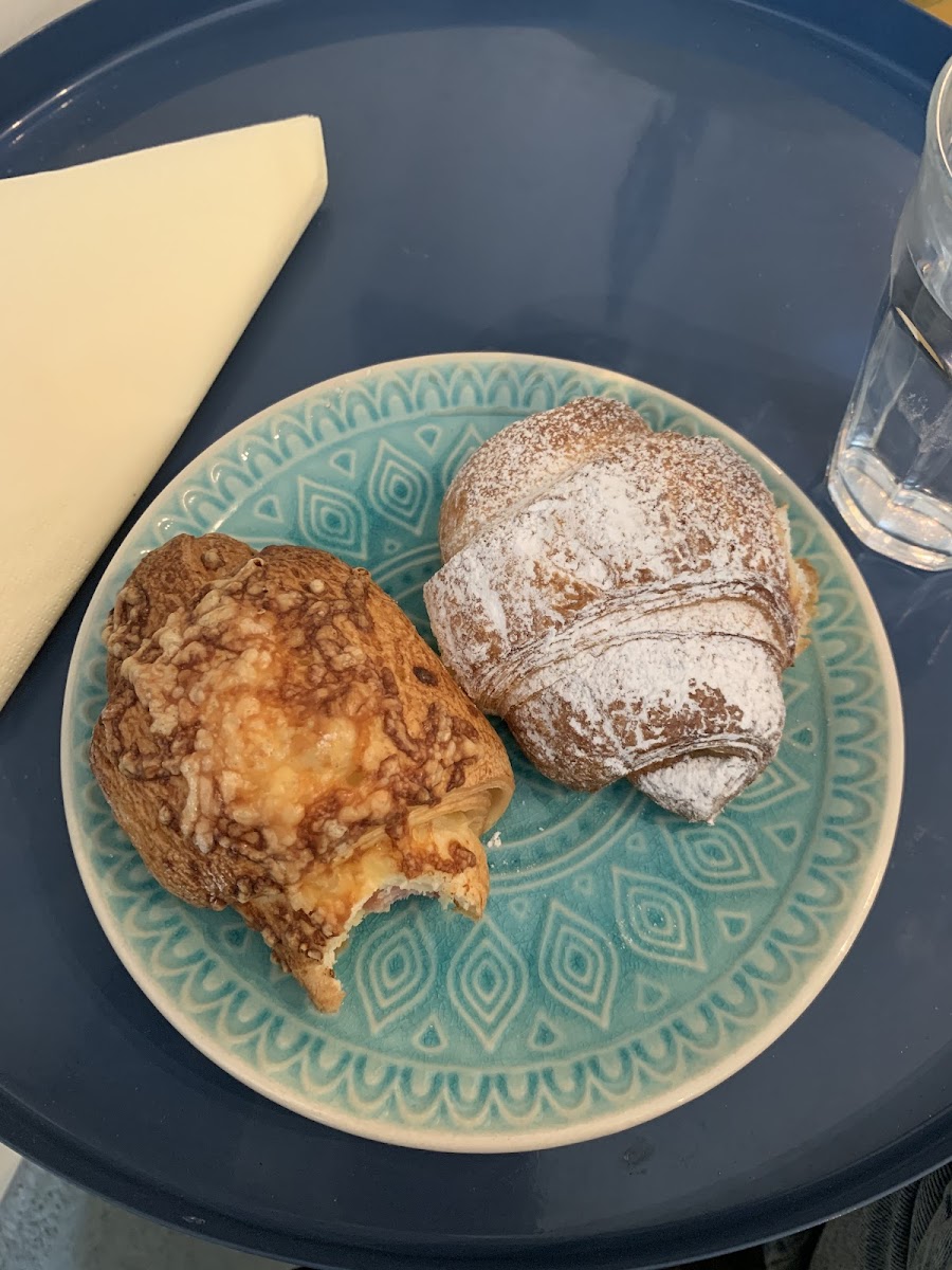Ham/Cheese croissant and chocolate croissant (couldn't help taking a bite!)