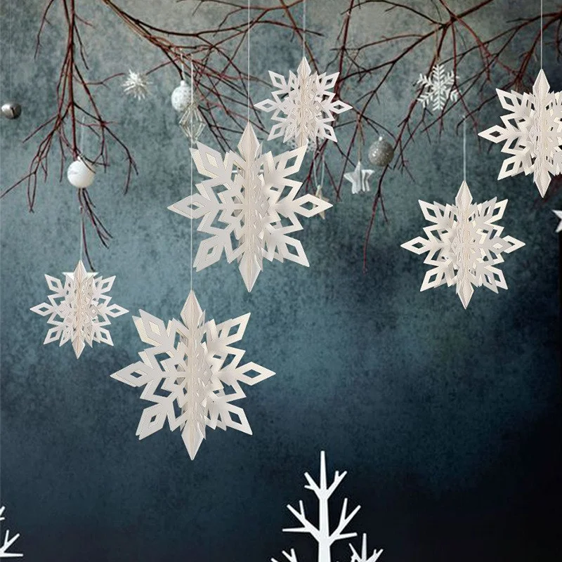 Enfeites de Floco de Neve 3D Vazados de Papelão 6 Peças Decoração de Natal e Ano Novo para Festa em Casa
