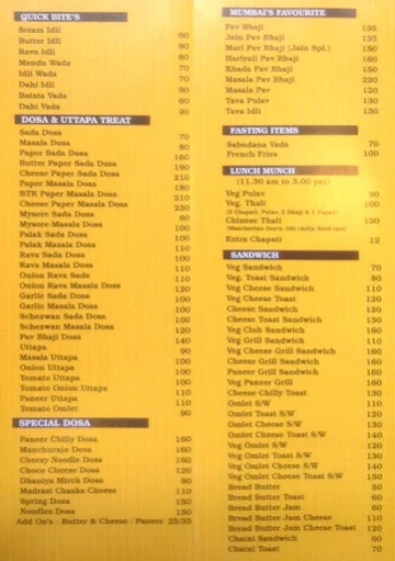 Vasant Sagar menu 