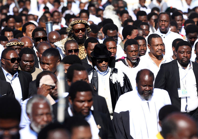 The leader of the Nazareth Baptist Church, Ebuhleni faction, Mduduzi Shembe, leads a procession from King Dinuzulu Park to Moses Mabhida Stadium in Durban.