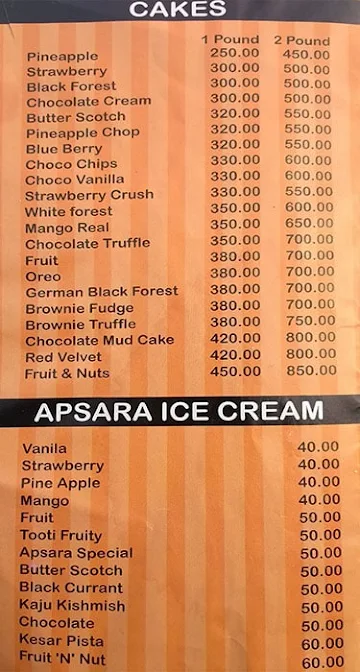 Apsara Bakers menu 