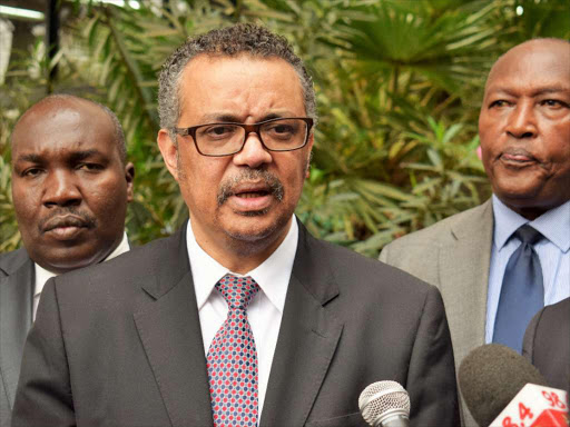 WHO Director General Tedros Adhanom at a press conference outside Afya House