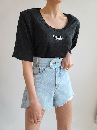 Title 1, Washed Frayed Denim Shorts Two Buttons Relaxed ...