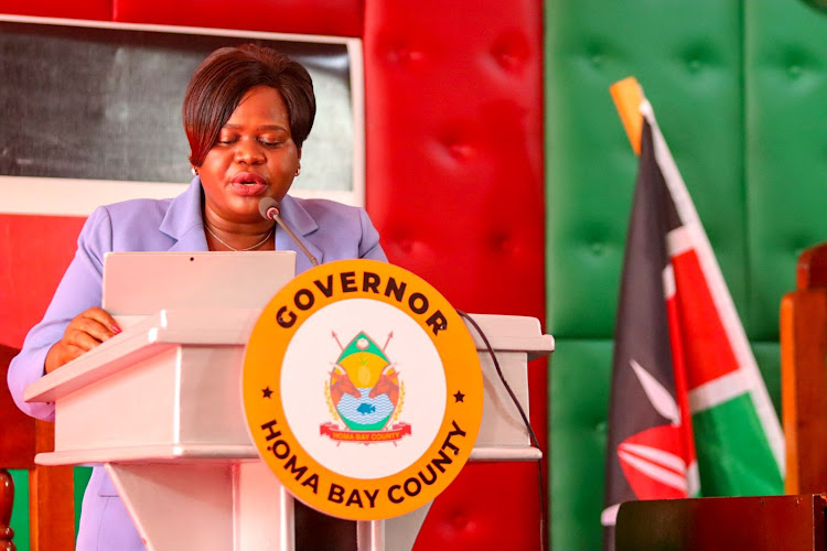 Homa Bay Governor Gladys Wanga reads the speech during state of the county address at the county assembly in Homa Bay town on May 9, 2024