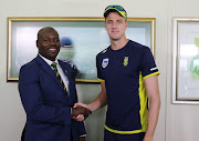 Cricket South Africa (CSA) acting chief executive Thabanag Moroe and Morne Morkel during the fast bowler's announcement of retirement from all International cricket after the Australian Series at Saraha Stadium Kingsmead on 26 February 2018.