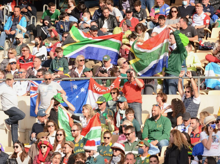 SA fans during the HSBC World Rugby Sevens Series 2022 at Estadio de La Cartuja on January 29 2022 in Seville, Spain. Picture: David Van Der Sandt/Gallo Images